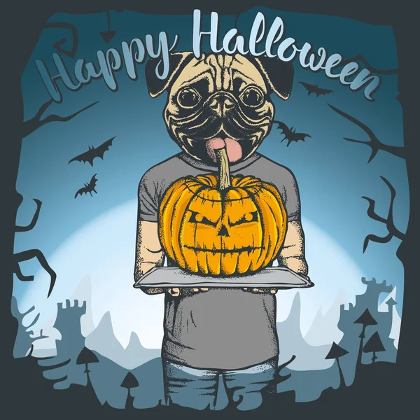 Mops pes drží Halloween dýně — Stockový vektor