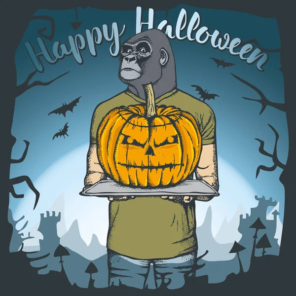 Gorila celebración de Halloween calabaza — Vector de stock