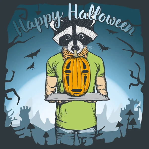 Mýval drží Halloween dýně — Stockový vektor