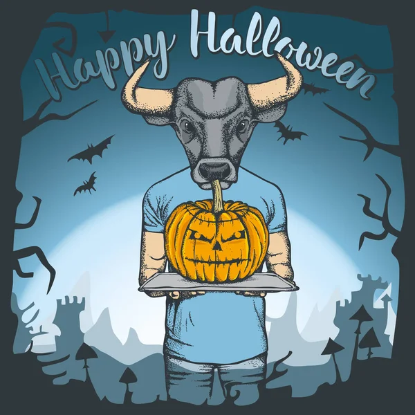 Toro celebración de calabaza de Halloween — Vector de stock