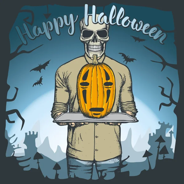 Schedel holding Halloween pompoen — Stockvector