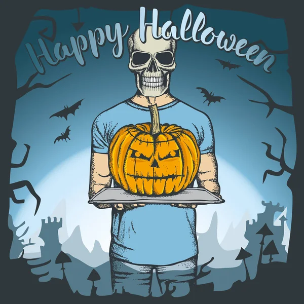 Schedel holding Halloween pompoen — Stockvector