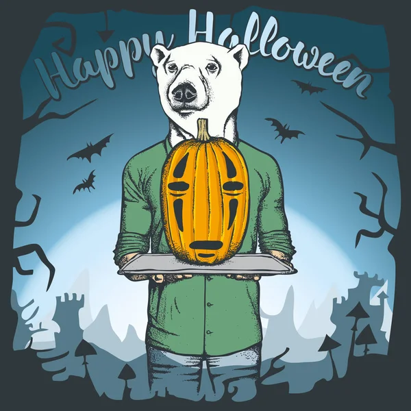 Medvěd drží Halloween dýně Stock Ilustrace