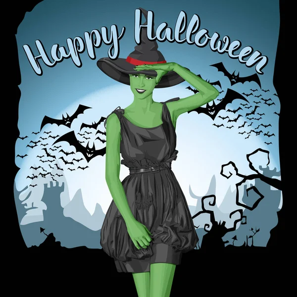 Yeşil cadı kadın şapka ile — Stok Vektör
