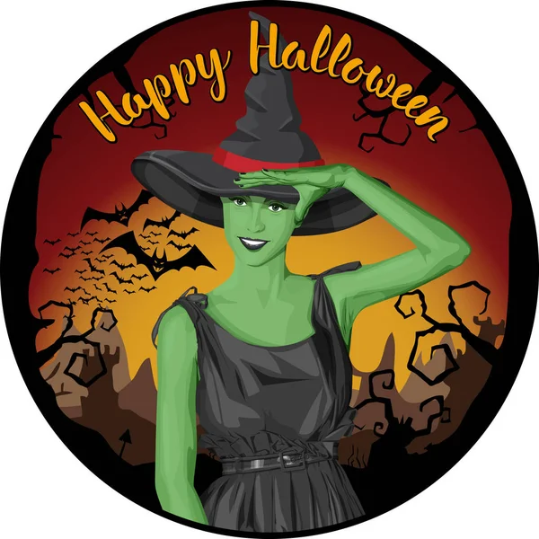 Žena zelená čarodějnice s kloboukem — Stockový vektor