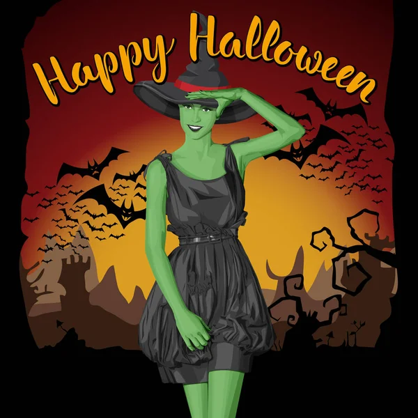 Femme sorcière verte avec chapeau — Image vectorielle