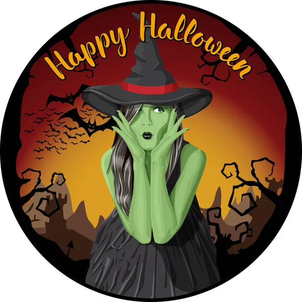 Mulher bruxa verde com chapéu —  Vetores de Stock