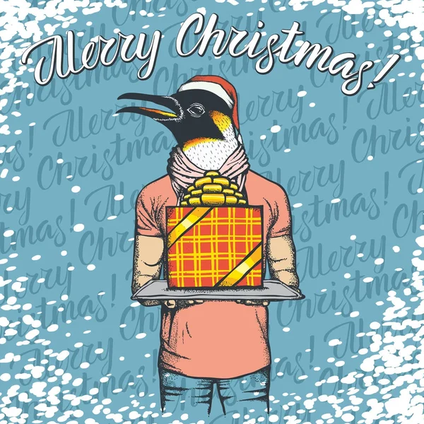 Pingüino con regalo de Navidad — Vector de stock