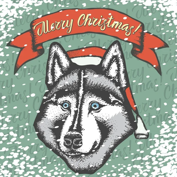 Sibirischer Husky mit Weihnachtsmütze — Stockvektor