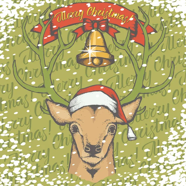Ciervo de Navidad con cuernos en el sombrero de Santa — Vector de stock
