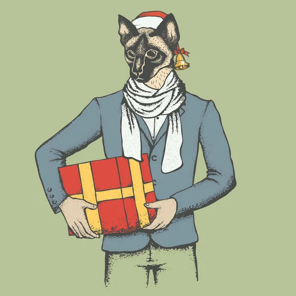 Katze mit Weihnachtsmütze und Geschenk — Stockvektor