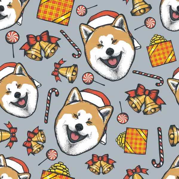 与秋田犬狗的圣诞节模式 — 图库矢量图片