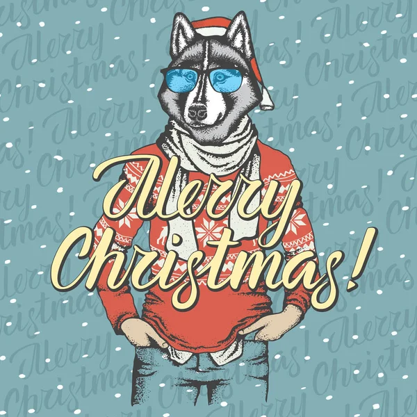 Chien Husky au chapeau de Père Noël — Image vectorielle