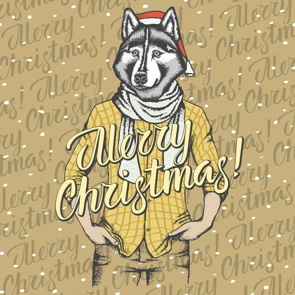 Chien Husky au chapeau de Père Noël — Image vectorielle