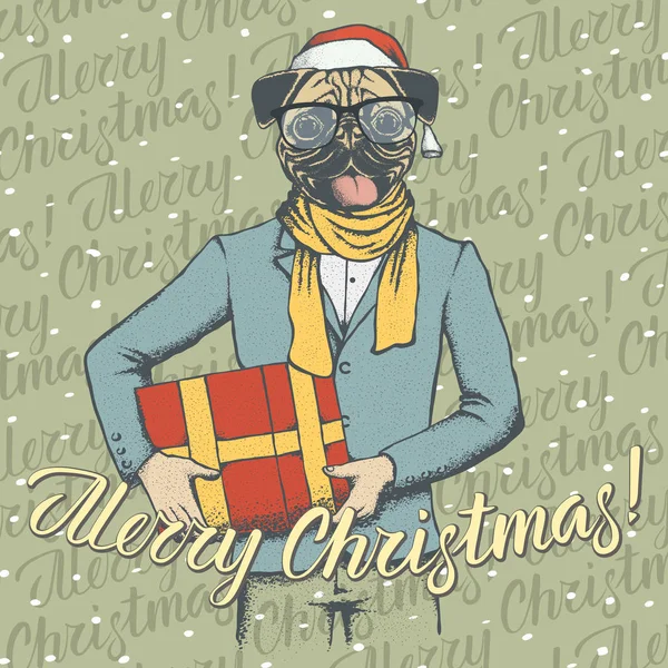 Mops pes v Santa čepice vánoční — Stockový vektor