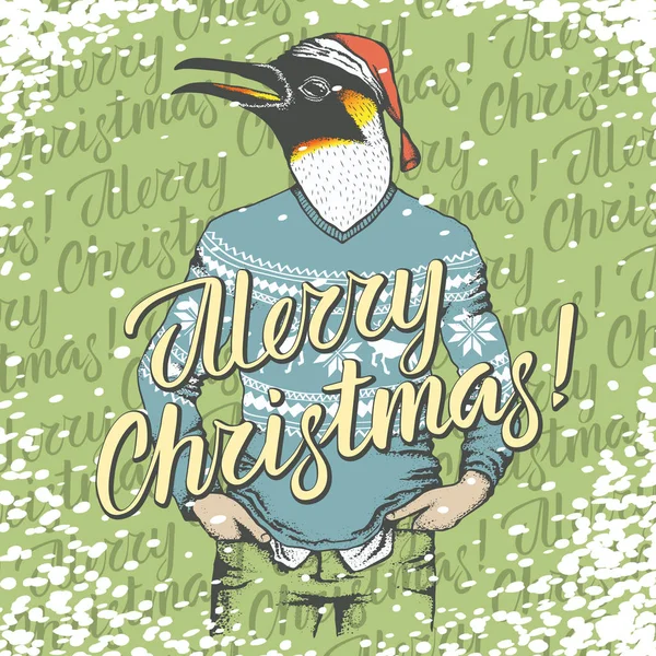 Christmas penguin and lettering merry Christmas — Stock Vector