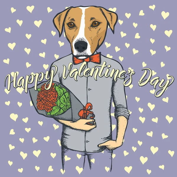 Cabeza de perro en el cuerpo humano con flores — Vector de stock