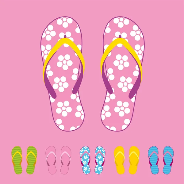 Fila de chanclas de playa coloridas — Vector de stock