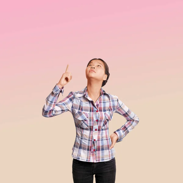 Asian Young Woman Looking Pointing Upwards Finger — Stock Photo, Image