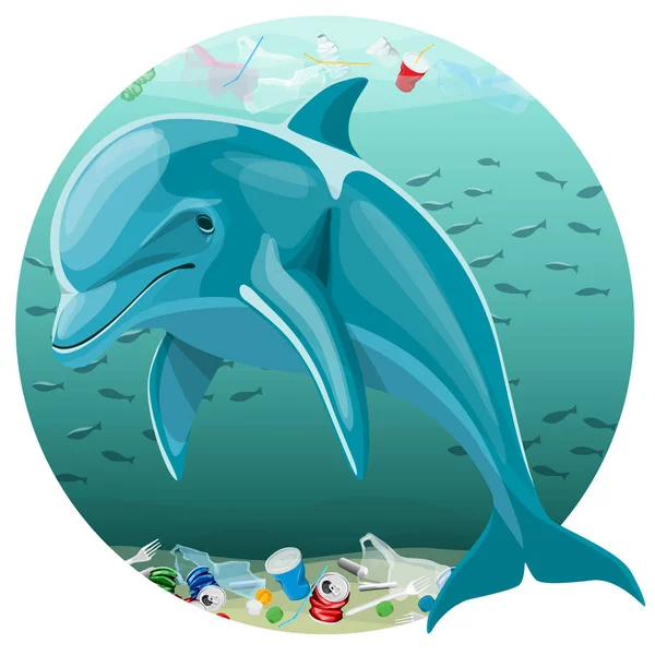 Ilustración de la contaminación ambiental y delfines — Vector de stock