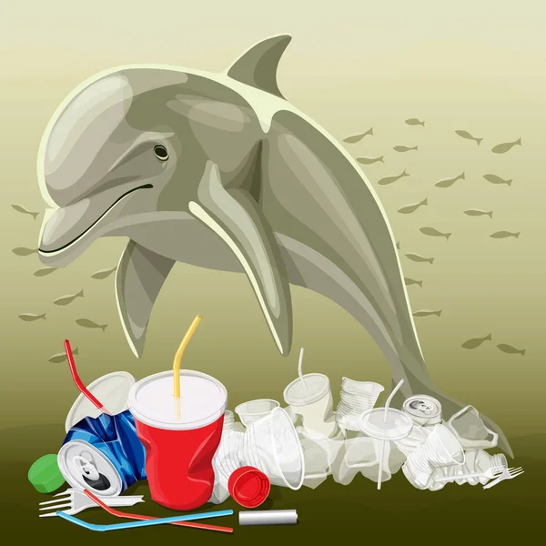 Illustrazione dell'inquinamento ambientale e delfini — Vettoriale Stock