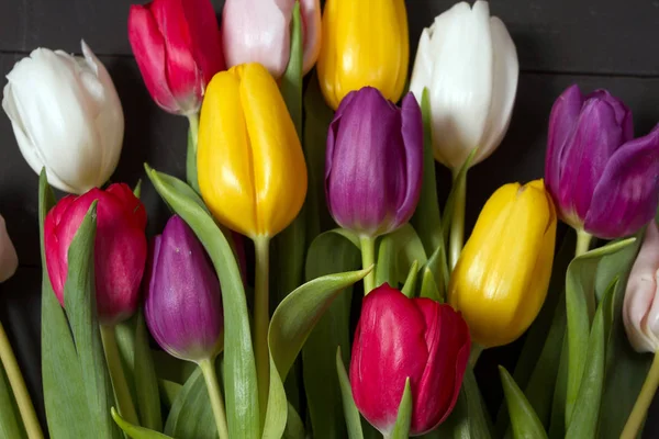 Bukiet Kolorowych Tulipanów Podłodze Prezent Dla Kobiety Wiosna Tulipany Kwiaty — Zdjęcie stockowe