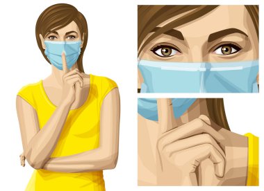 Coronavirus vector concept. Woman with mask on her face. Beautiful vector woman with secret. Girl say shhh clipart