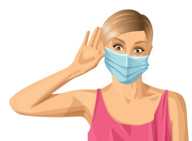 Coronavirus vektör konsepti. Yüzünde maske olan bir kadın. Vektör kadın kulak misafiri olmuş, kulağı ve eliyle, şaşırmış.