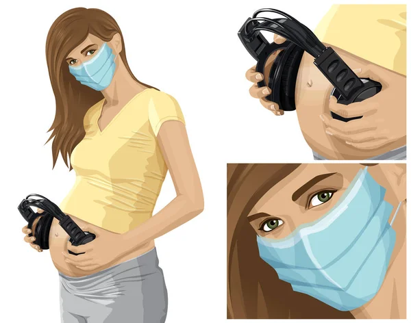 コロナウイルスベクターの概念 顔にマスクをした女性 ベクトル妊娠中の女性とともにヘッドフォン彼女のおなかの近く 赤ちゃんは音楽を聴く — ストックベクタ