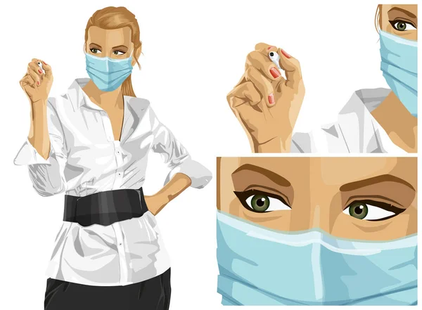 Concepto Vector Coronavirus Mujer Con Máscara Cara Mujer Vectorial Escribiendo — Vector de stock