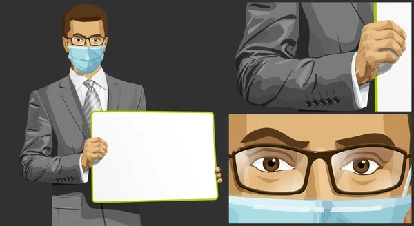 Coronavirus向量概念 戴面具的男人 矢量商人手里拿着空写字板 — 图库矢量图片