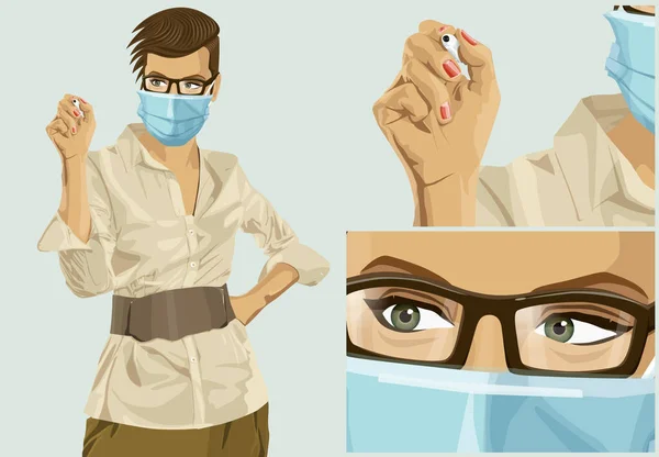 Coronavirus Vektör Konsepti Yüzünde Maske Olan Bir Kadın Fikir Konsepti — Stok Vektör