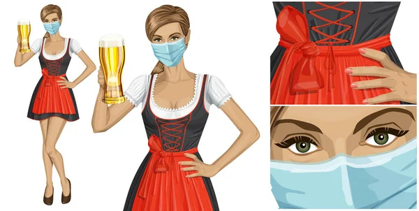 コロナウイルスベクターの概念 顔にマスクをした女性 ベクトル可愛いです女性でDrindllでOktoberfestとともにビール — ストックベクタ