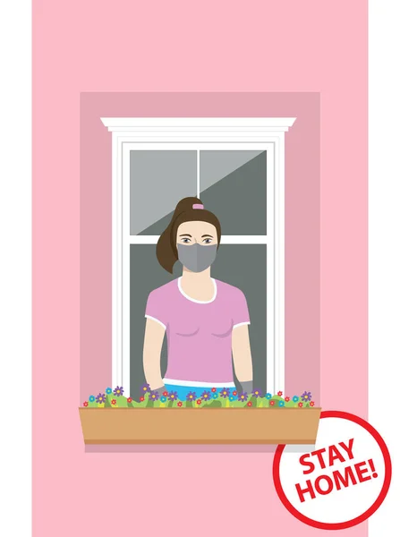 Coronavirus Vector Quarantine Concept Stay Home Woman Mask Her Face — Stock Vector