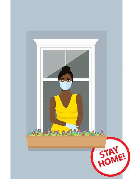 コロナウイルスベクター隔離コンセプト 家にいて 顔にマスクをした女が窓を見透かしている 取締役会と碑文を持つ女性 Stay Home — ストックベクタ