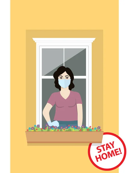 Coronavirus Vector Quarantine Concept Stay Home Woman Mask Her Face — Stock Vector