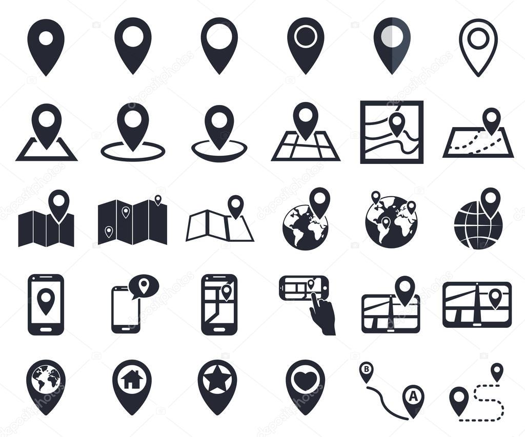map pointer icons, gps location symbol for navigation