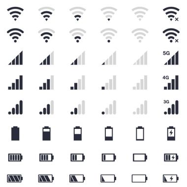 Mobil interace simgeler, Pil şarjı, wi-fi sinyal, telefon sinyal düzey Icons set