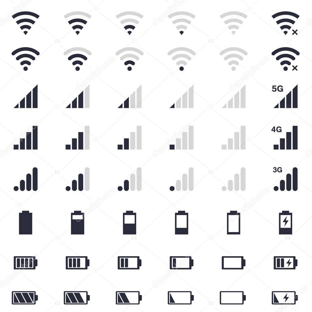 mobile interace icons, battery charge, wi-fi signal, mobile signal level icons set