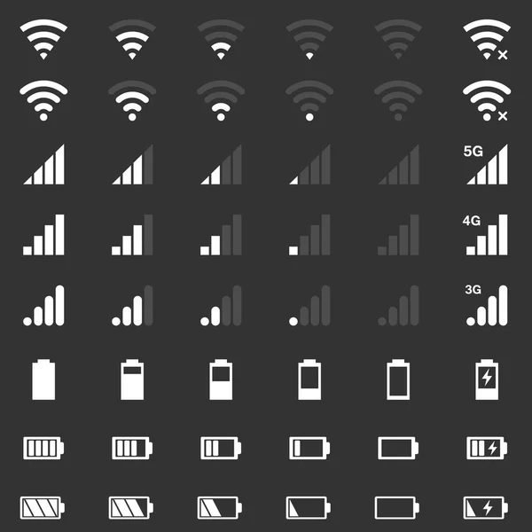 Wi-Fi-Signalsymbole, Batterieenergie, mobile Signalpegelsymbole gesetzt — Stockvektor