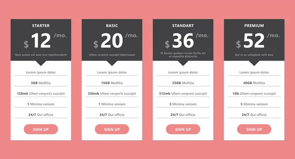 Modelo de tabela de preços para web design e negócios —  Vetores de Stock