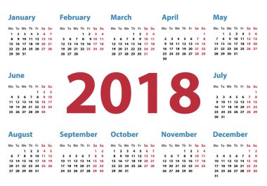 2018 için takvim Pazartesi, vektör takvim tasarımı 2018 yıl başlıyor