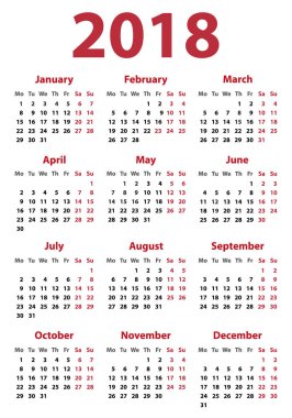 2018 için takvim Pazartesi, vektör takvim tasarımı 2018 yıl başlıyor
