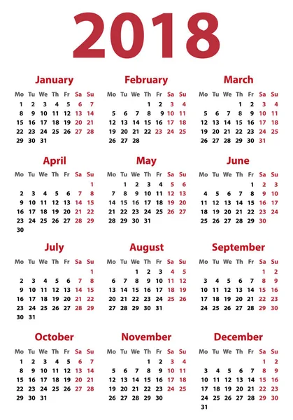 Ημερολόγιο για το 2018 ξεκινά Δευτέρα, διάνυσμα σχεδιασμός ημερολογίου έτους 2018 — Διανυσματικό Αρχείο