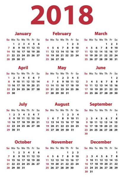 Calendario 2018 inizia domenica, progettazione calendario vettoriale 2018 anno — Vettoriale Stock