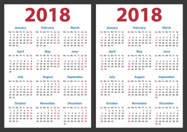 Pazar ve Pazartesi, vektör takvim tasarımı 2018 yıl 2018 için takvim başlar