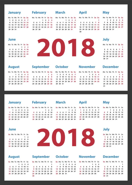 Calendario para 2018 comienza lunes y domingo, diseño de calendario vectorial 2018 año — Archivo Imágenes Vectoriales