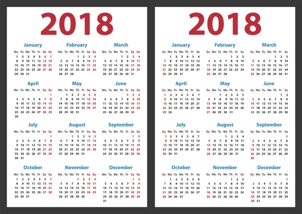 Calendario 2018 inizia domenica e lunedì, progettazione calendario vettoriale 2018 anno — Vettoriale Stock