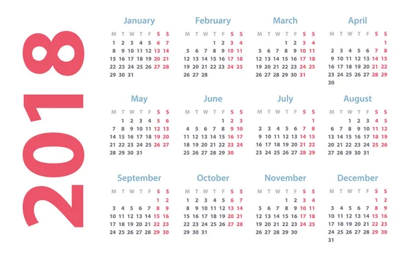 Calendar for 2018 starts monday, vector calendar design 2018 year — Stock Vector