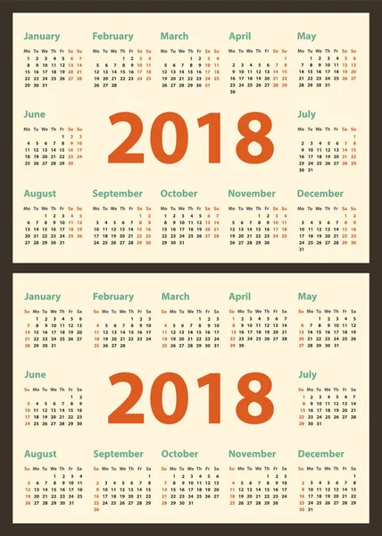 Calendário para 2018 começa domingo e segunda-feira, projeto do calendário vetorial 2018 ano — Vetor de Stock